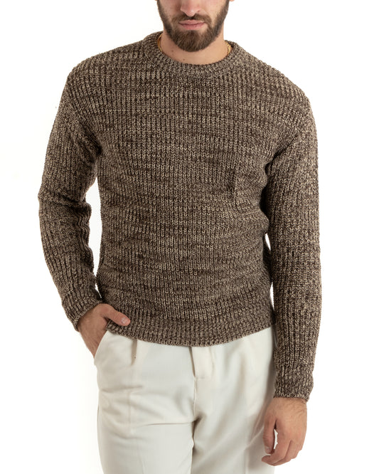 Maglioncino Uomo Girocollo Tinta Unita Beige Melangiato Maglia Inglese Basic-M2764A