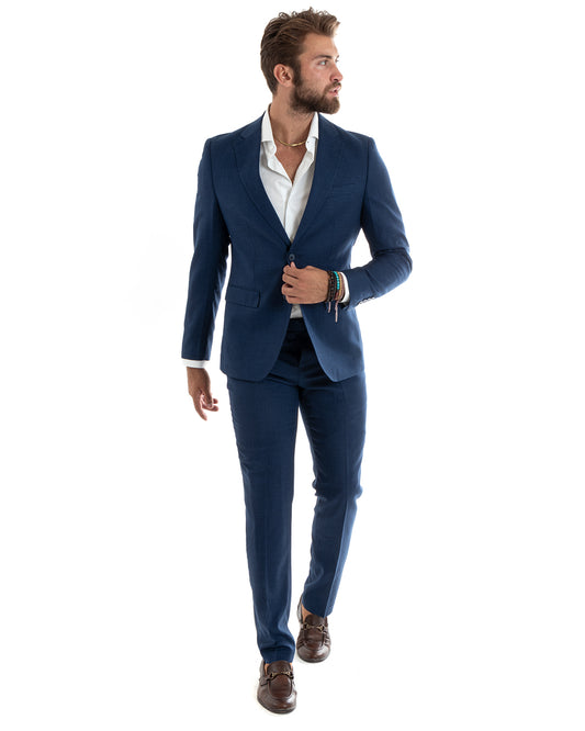 Abito Uomo Monopetto Vestito Completo Giacca Pantaloni Blu Melangiato Elegante Casual-OU2401A