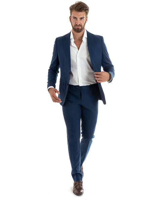 Abito Uomo Monopetto Vestito Completo Giacca Pantaloni Blu Melangiato Elegante Casual-OU2401A