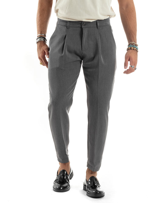 Pantaloni Uomo Viscosa Capri Casual Classico Con Tasca America Pinces Regular Tinta Unita Panna-P6146A