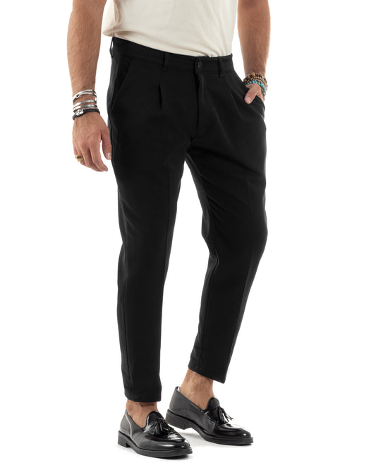 Pantaloni Uomo Viscosa Capri Casual Classico Con Tasca America Pinces Regular Tinta Unita Nero-P6148A