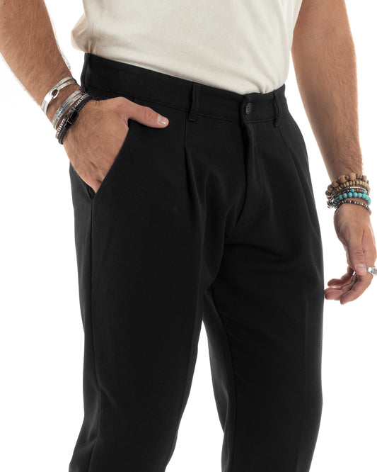 Pantaloni Uomo Viscosa Capri Casual Classico Con Tasca America Pinces Regular Tinta Unita Nero-P6148A