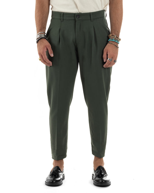 Pantaloni Uomo Viscosa Capri Casual Classico Con Tasca America Pinces Regular Tinta Unita Verde-P6149A