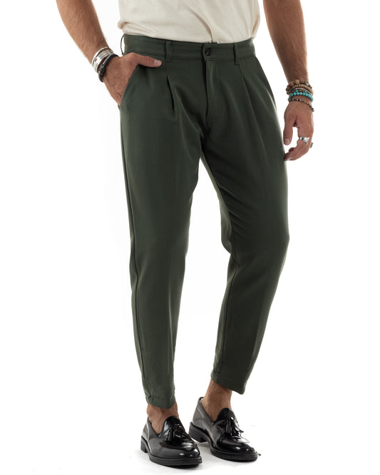 Pantaloni Uomo Viscosa Capri Casual Classico Con Tasca America Pinces Regular Tinta Unita Verde-P6149A