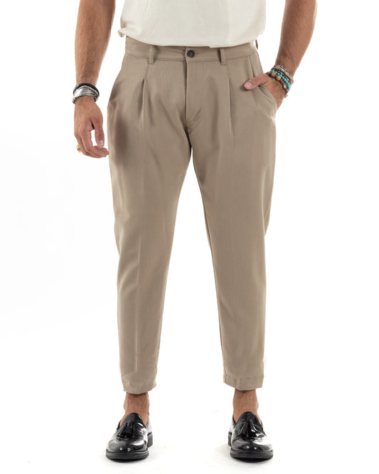 Pantaloni Uomo Viscosa Capri Casual Classico Con Tasca America Pinces Regular Tinta Unita Beige-P6150A