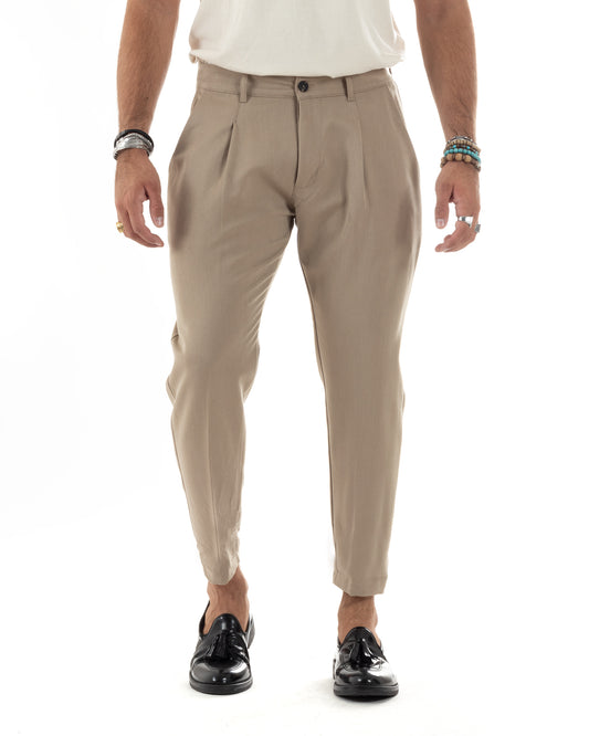 Pantaloni Uomo Viscosa Capri Casual Classico Con Tasca America Pinces Regular Tinta Unita Beige-P6150A