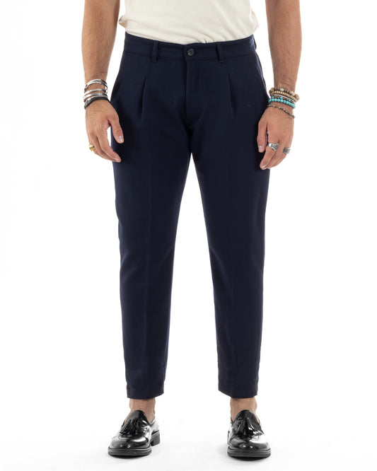 Pantaloni Uomo Viscosa Capri Casual Classico Con Tasca America Pinces Regular Tinta Unita Blu-P6151A