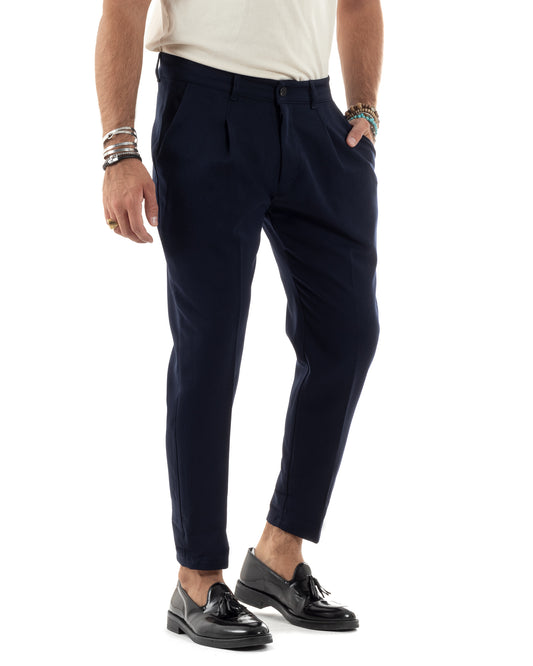 Pantaloni Uomo Viscosa Capri Casual Classico Con Tasca America Pinces Regular Tinta Unita Blu-P6151A