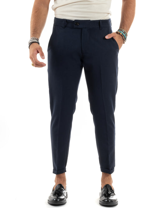 Pantaloni Uomo Viscosa Tasca America Classico Abbottonatura Allungata Casual Blu-P6166A