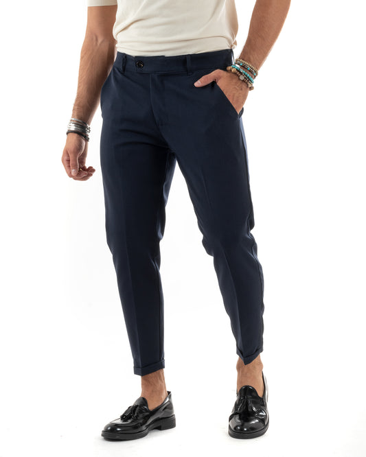 Pantaloni Uomo Viscosa Tasca America Classico Abbottonatura Allungata Casual Blu-P6166A