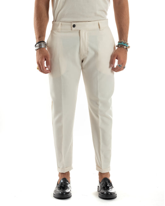 Pantaloni Uomo Viscosa Tasca America Classico Abbottonatura Allungata Casual Panna-P6167A
