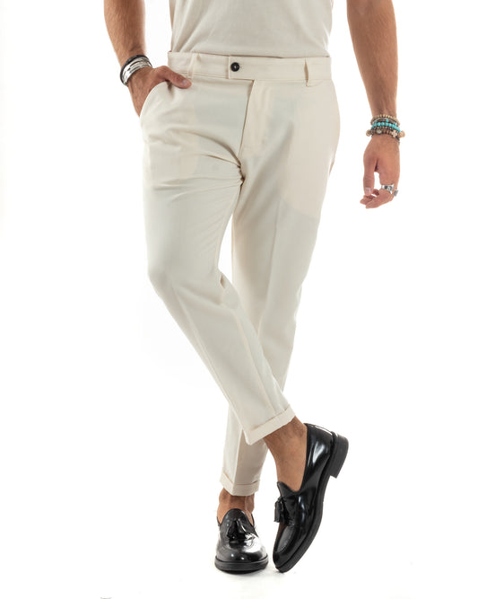 Pantaloni Uomo Viscosa Tasca America Classico Abbottonatura Allungata Casual Panna-P6167A