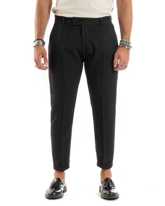 Pantaloni Uomo Viscosa Tasca America Classico Abbottonatura Allungata Casual Nero-P6168A