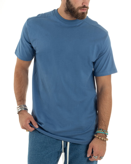 T-shirt Uomo Girocollo Mezze Maniche Cotone Premium Maglia Basic Casual Tinta Unita Azzurro-TS3080A