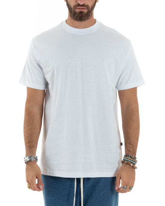 T-shirt Uomo Girocollo Mezze Maniche Cotone Premium Maglia Basic Casual Tinta Unita Bianco-TS3081A