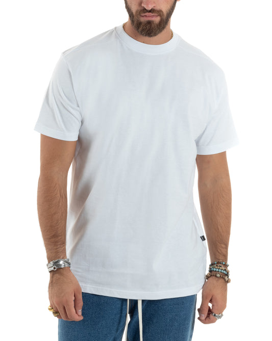 T-shirt Uomo Girocollo Mezze Maniche Cotone Premium Maglia Basic Casual Tinta Unita Bianco-TS3081A