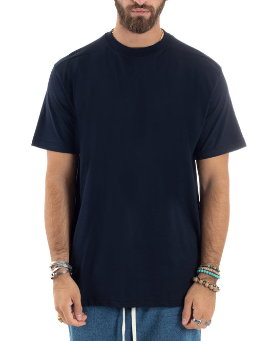T-shirt Uomo Girocollo Mezze Maniche Cotone Premium Maglia Basic Casual Tinta Unita Blu-TS3084A
