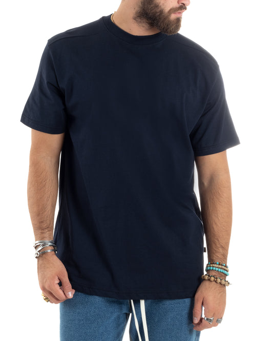 T-shirt Uomo Girocollo Mezze Maniche Cotone Premium Maglia Basic Casual Tinta Unita Blu-TS3084A
