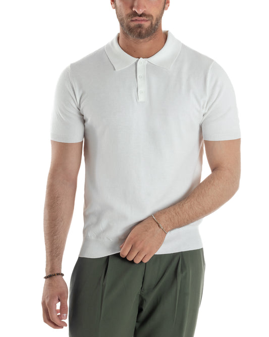 Polo Uomo Filo Maglia Con Colletto Bottoni Casual T-Shirt Sottogiacca Leggera Tinta Unita Bianco TS3132A