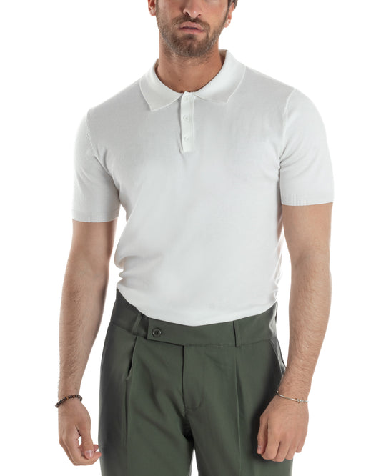Polo Uomo Filo Maglia Con Colletto Bottoni Casual T-Shirt Sottogiacca Leggera Tinta Unita Bianco TS3132A