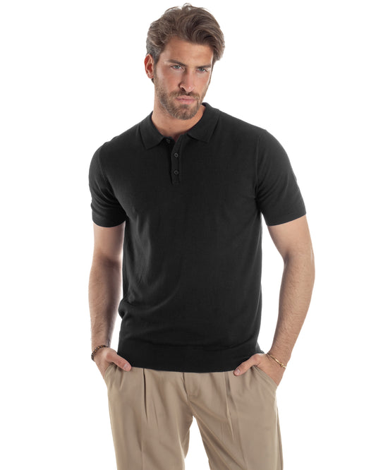 Polo Uomo Filo Maglia Con Colletto Bottoni Casual T-Shirt Sottogiacca Leggera Tinta Unita Nero TS3133A