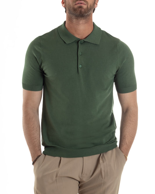 Polo Uomo Filo Maglia Con Colletto Bottoni Casual T-Shirt Sottogiacca Leggera Tinta Unita Verde TS3135A