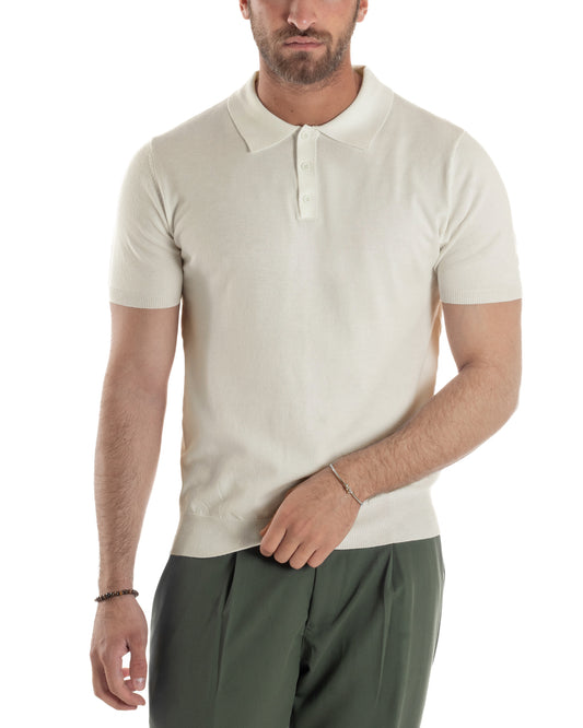 Polo Uomo Filo Maglia Con Colletto Bottoni Casual T-Shirt Sottogiacca Leggera Tinta Unita Beige TS3136A