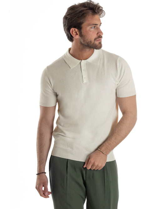 Polo Uomo Filo Maglia Con Colletto Bottoni Casual T-Shirt Sottogiacca Leggera Tinta Unita Beige TS3136A