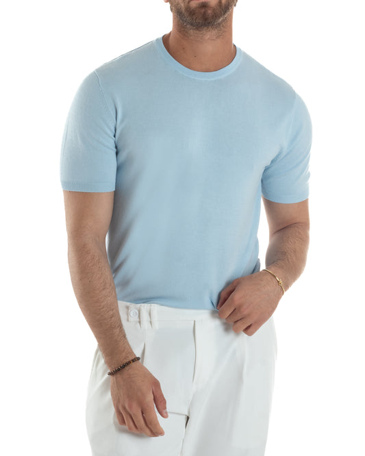 T-Shirt Uomo Girocollo Filo Maglia Sottogiacca Casual Basic Tinta Unita Celeste TS3151A