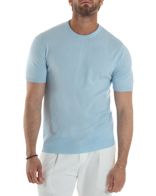 T-Shirt Uomo Girocollo Filo Maglia Sottogiacca Casual Basic Tinta Unita Celeste TS3151A