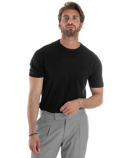 T-Shirt Uomo Girocollo Filo Maglia Sottogiacca Casual Basic Tinta Unita Nero TS3153A