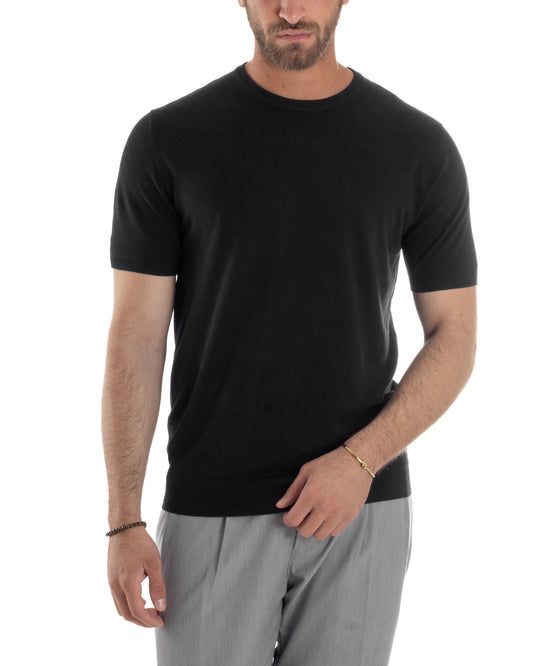 T-Shirt Uomo Girocollo Filo Maglia Sottogiacca Casual Basic Tinta Unita Nero TS3153A