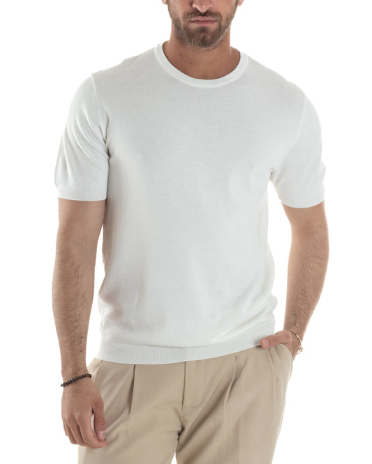 T-Shirt Uomo Girocollo Filo Maglia Sottogiacca Casual Basic Tinta Unita Bianco TS3154A