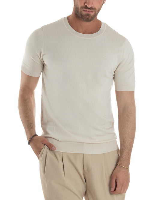 T-Shirt Uomo Girocollo Filo Maglia Sottogiacca Casual Basic Tinta Unita Beige TS3155A