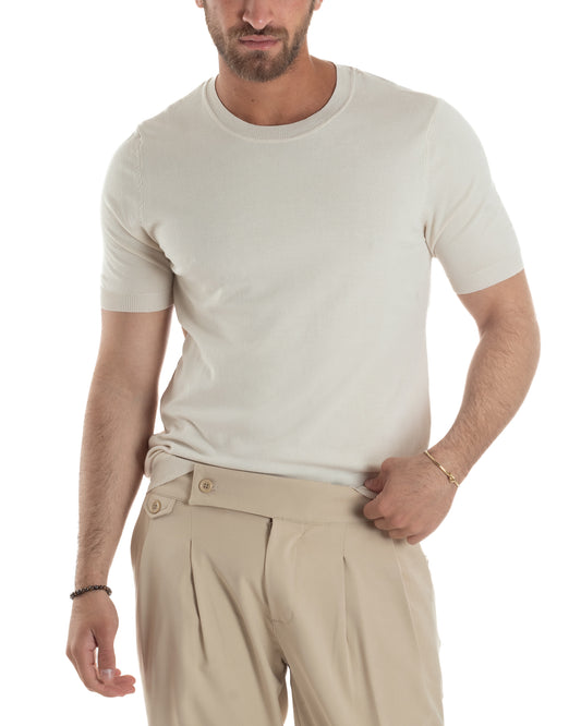 T-Shirt Uomo Girocollo Filo Maglia Sottogiacca Casual Basic Tinta Unita Beige TS3155A