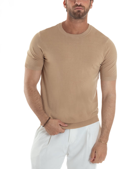 T-Shirt Uomo Girocollo Filo Maglia Sottogiacca Casual Basic Tinta Unita Camel TS3156A