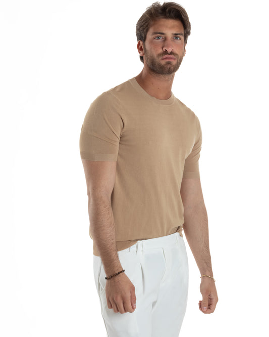 T-Shirt Uomo Girocollo Filo Maglia Sottogiacca Casual Basic Tinta Unita Camel TS3156A