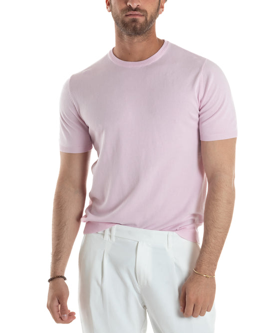 T-Shirt Uomo Girocollo Filo Maglia Sottogiacca Casual Basic Tinta Unita Rosa TS3157A