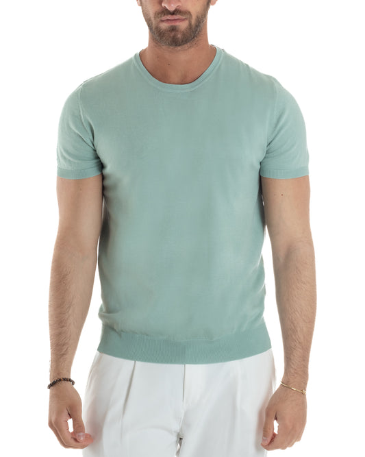 T-Shirt Uomo Girocollo Filo Maglia Sottogiacca Casual Basic Tinta Unita Verde Acqua TS3152A