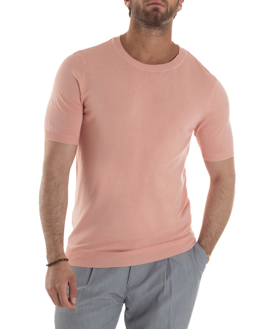 T-Shirt Uomo Girocollo Filo Maglia Sottogiacca Casual Basic Tinta Unita Pesca TS3164A