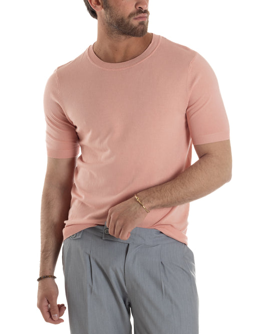 T-Shirt Uomo Girocollo Filo Maglia Sottogiacca Casual Basic Tinta Unita Pesca TS3164A
