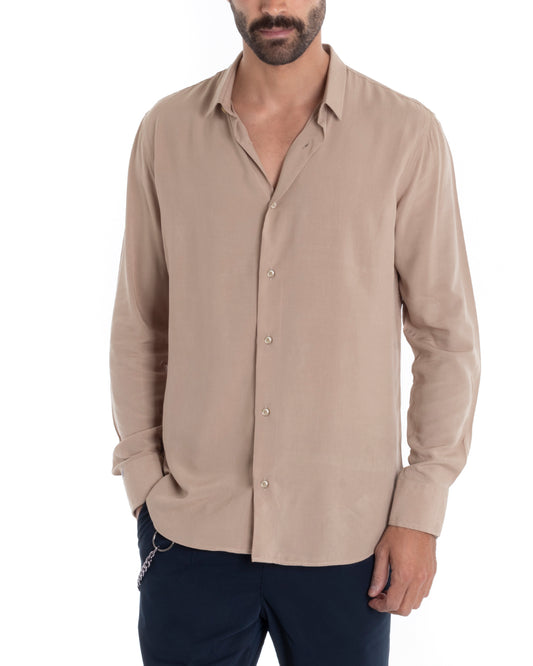 Camicia Uomo Sartoriale Con Colletto Maniche Lunghe Basic Viscosa Morbida Beige C2358