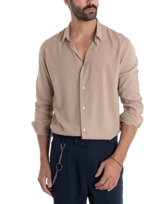 Camicia Uomo Sartoriale Con Colletto Maniche Lunghe Basic Viscosa Morbida Beige C2358