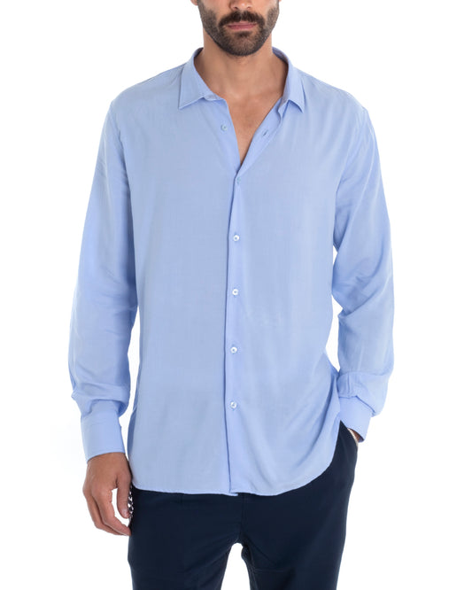 Camicia Uomo Sartoriale Con Colletto Maniche Lunghe Basic Viscosa Morbida Celeste C2359