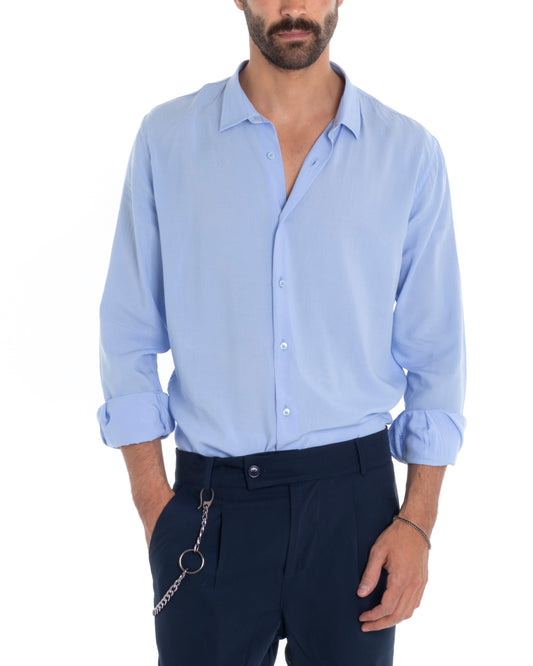 Camicia Uomo Sartoriale Con Colletto Maniche Lunghe Basic Viscosa Morbida Celeste C2359