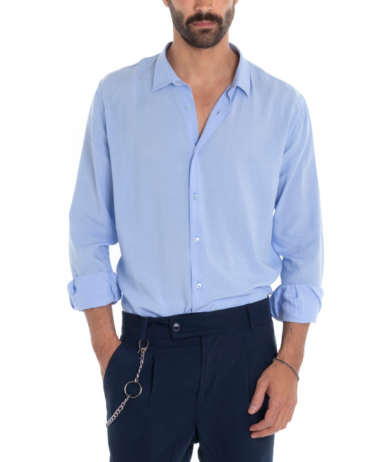 Camicia Uomo Viscosa Comfy Tinta Unita Celeste C2359