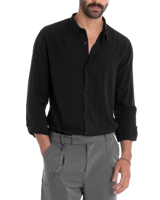 Camicia Uomo Viscosa Comfy Tinta Unita Nera C2360