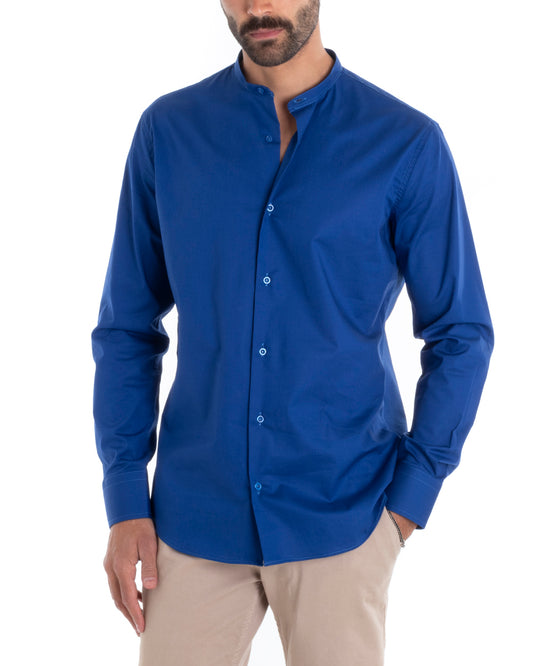 Camicia Uomo Sartoriale Collo Coreano Maniche Lunghe Basic Cotone Morbido Regular Fit Blu Royal C2370