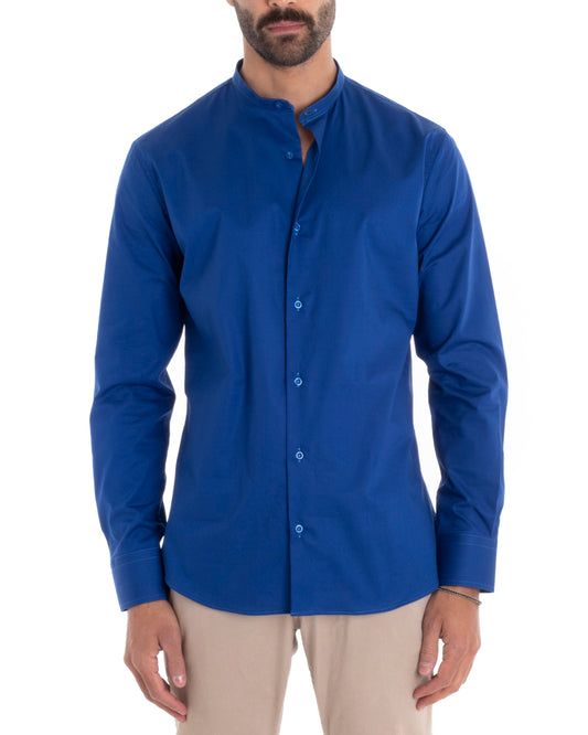 Camicia Uomo Sartoriale Collo Coreano Maniche Lunghe Basic Cotone Morbido Regular Fit Blu Royal C2370