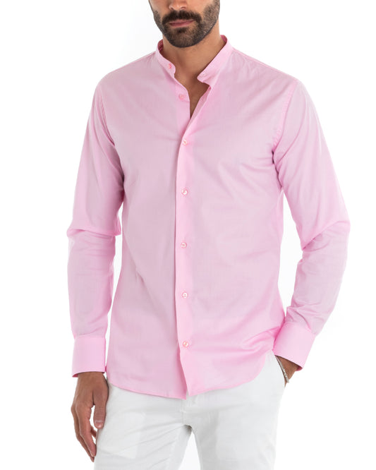 Camicia Uomo Sartoriale Collo Coreano Maniche Lunghe Basic Cotone Morbido Regular FitRosa C2371